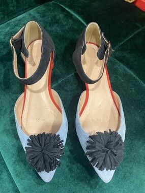 J. Crew Light Blue Suede Pointed-Toe Flats with Black Pom & Strap